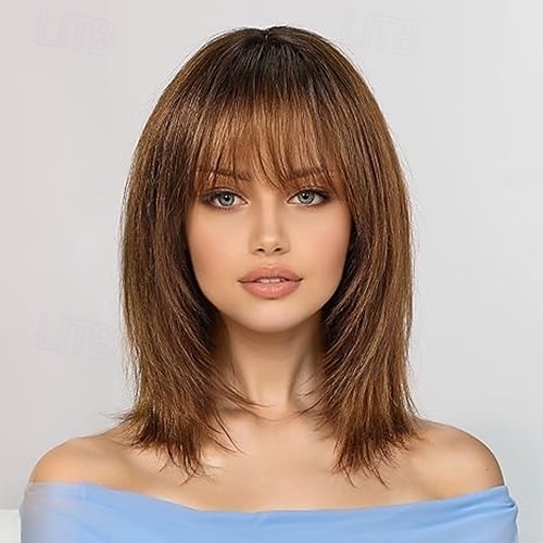 Synthetische pruiken Recht Met pony Pruik Kort Donker Bruin Ombre bruin Ombre Blond Synthetisch haar Dames Blond Bruin 2025 - $19.49 –P2