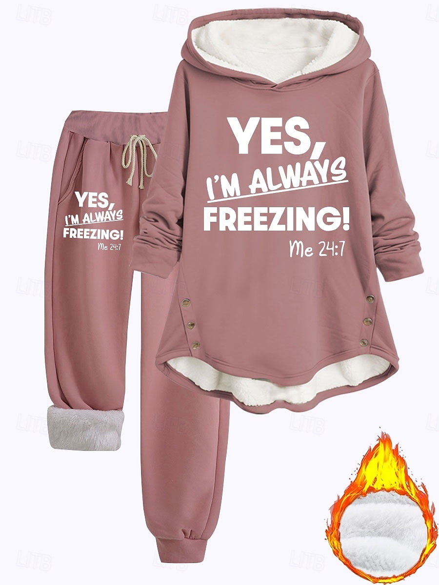 Kvinne 2 deler Loungewear Sett Hettegenser og Joggebukser Casual Kaldt Vær Frase Print med Fleece Fôr Koselig Passform Vinter 2025 - $49.99 –P1