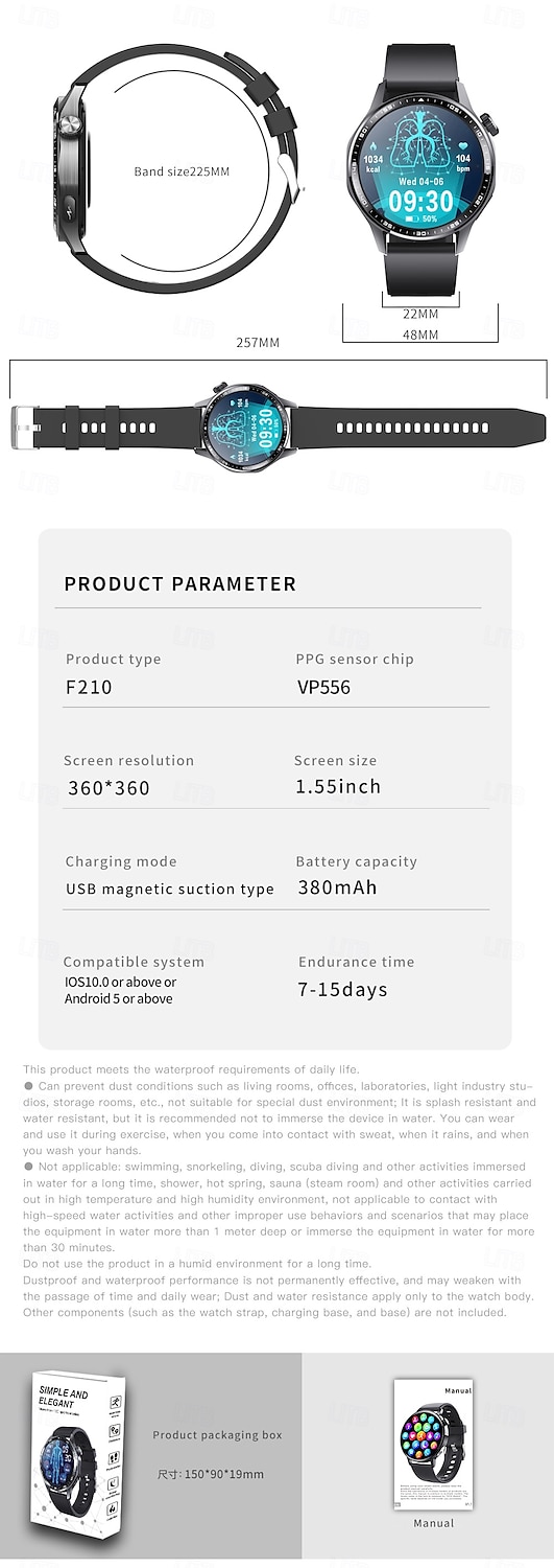 2025年 696 F210 スマートウォッチ 1.55 インチ スマートブレスレット ブルートゥース ECG + PPG 歩数計 着信通知 と互換性があります Android iOS 男性 ハンドフリーコール メッセージ受信通知 IPX-0 48mmウォッチケース コレクション – $76.99 –P19