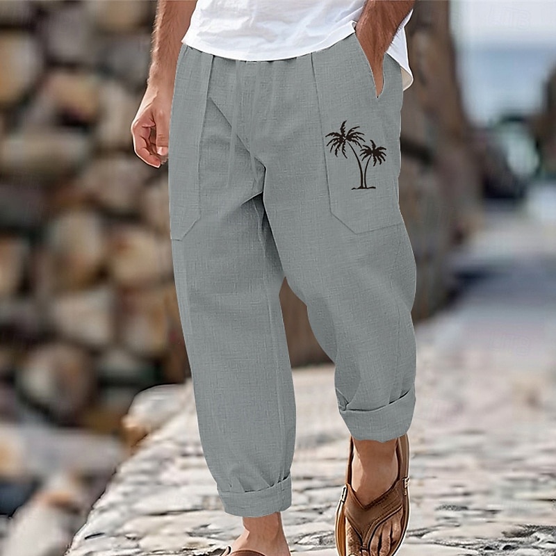 Herren Leinenhose Hose Hosen Sommerhosen Kordelzug Elastische Taille Gerade geschnitten Kokosnussbaum Komfort Atmungsaktiv In voller Länge Outdoor Casual Täglich Modisch Retro Vintage Schwarz Weiß 2025 - €22.67 –P8