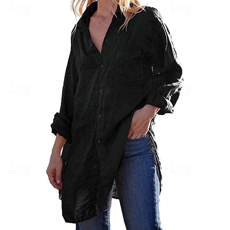 Women's Shirt Linen-Inspired Shirts Button Up Casual Long Sleeve Shirt Collar White Spring &  Fall 2025 - $29.99 –P4
