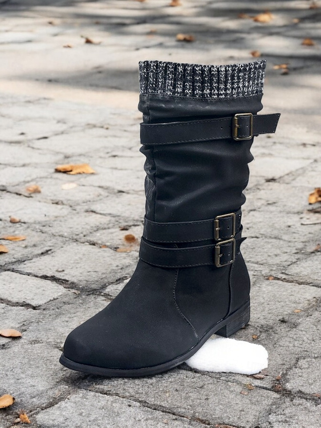 damskie buty ze skóry ekologicznej do połowy łydki z dzianinowym mankietem i podwójnymi paskami ze sprzączką – wygodne i stylowe obuwie zimowe 2025 - $42.99 –P4