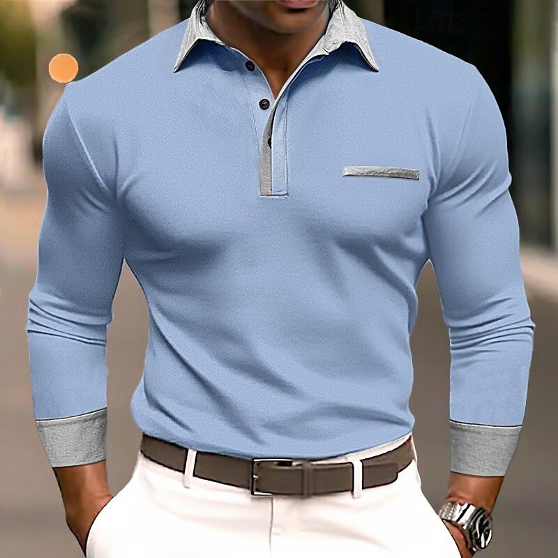 Herren Poloshirts Golf Poloshirts Strasse Geschäft Kargen Klassisch Langarm Modisch Basic Patchwork Tasche Farbblock Herbst Winter Jahreszeiten Regular Fit Hellblau Babyblau Schwarz Weiß Burgunderrot 2025 - $26.99 –P9