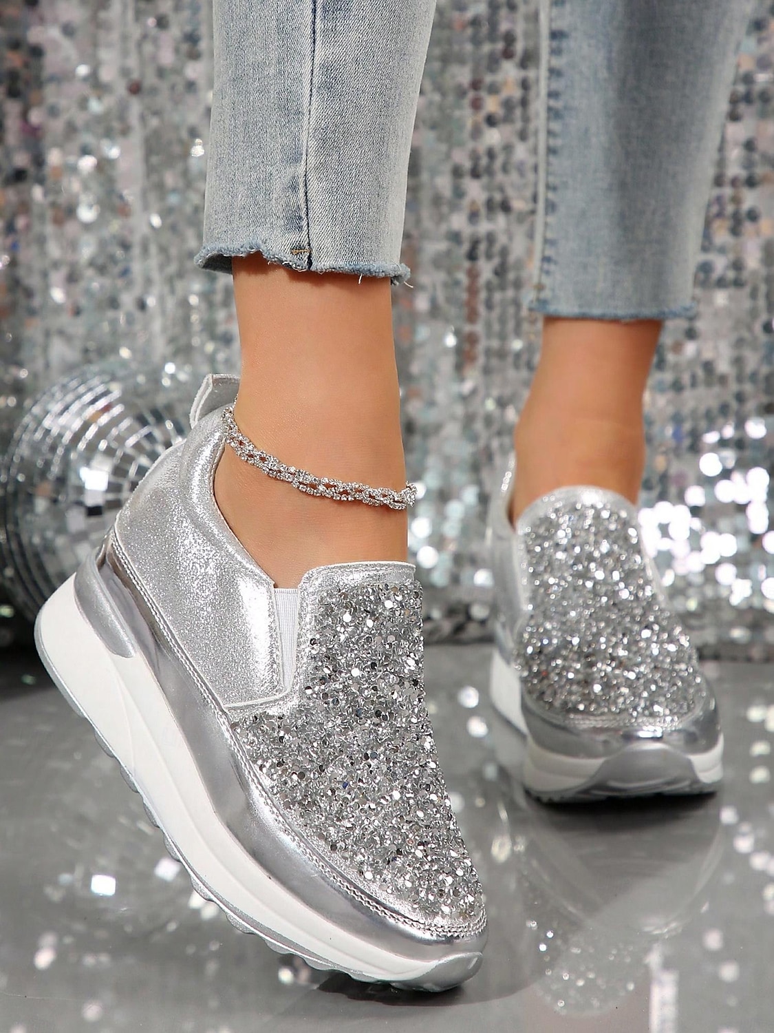svarte slip-on joggesko for kvinner med glitterpynt og plattformsåle – stilige fritidssko for hverdagsbruk 2025 - $34.99 –P7