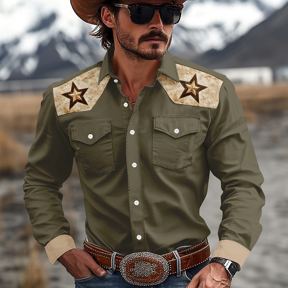 Bărbați Pentagramă Cămașă occidentală Cămașă de cowboy Manșon Lung occidental sportiv Primăvară Toamnă Răsfrânt Peteci Alb Maro Trifoi 2026 - $33.99 –P1