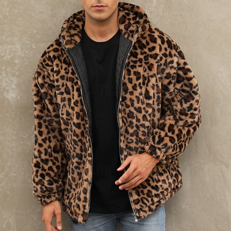 Herren Winterjacke Fleecejacke Mantel aus Kunstpelz Täglich Urlaub warm Tasche Vlies Herbst Winter Leopard-Druck Modisch Strassenmode Mit Kapuze Standard Gelb Blau Grün Jacken 2026 - $57.99 –P1