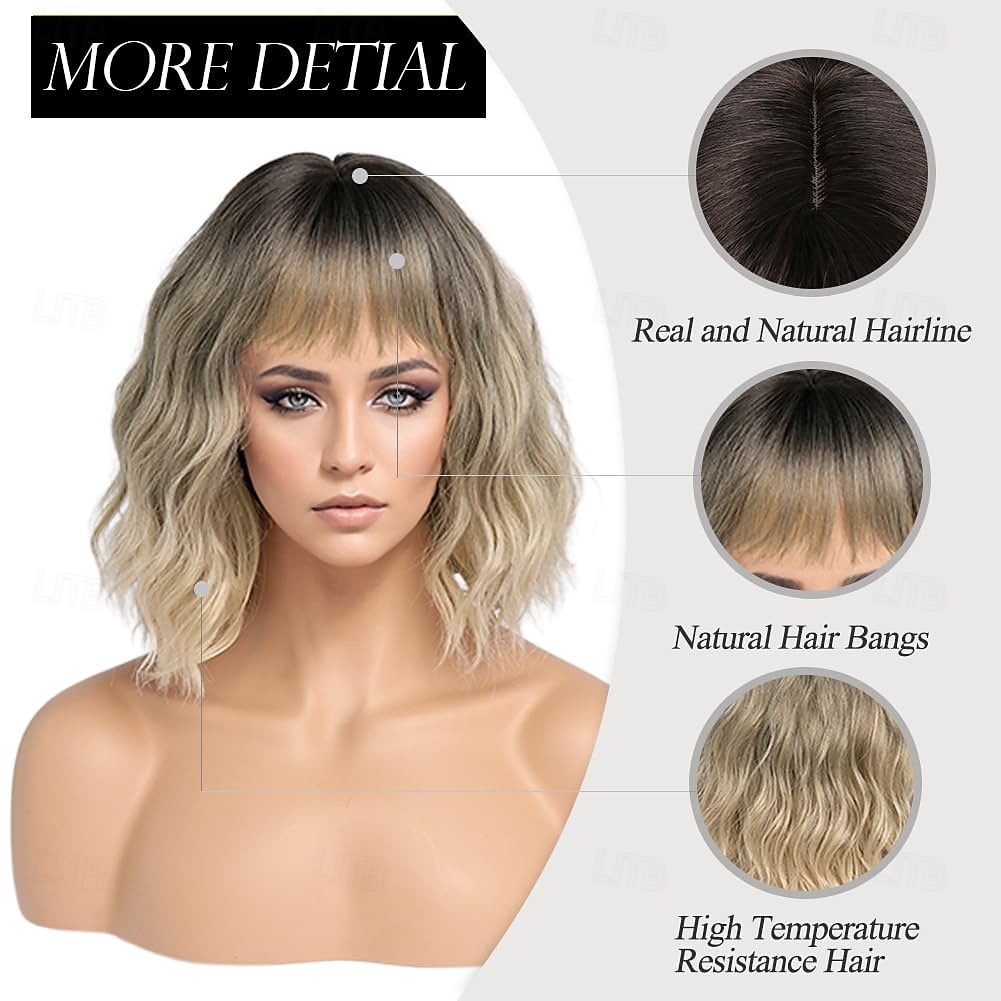 Wigs for Women Short Wavy Wig with Bangs Wig with Dark Roots Medium Length Natural Synthetic Hair for Daily Party&amp Cosplay 2026 - $18.49 –P9