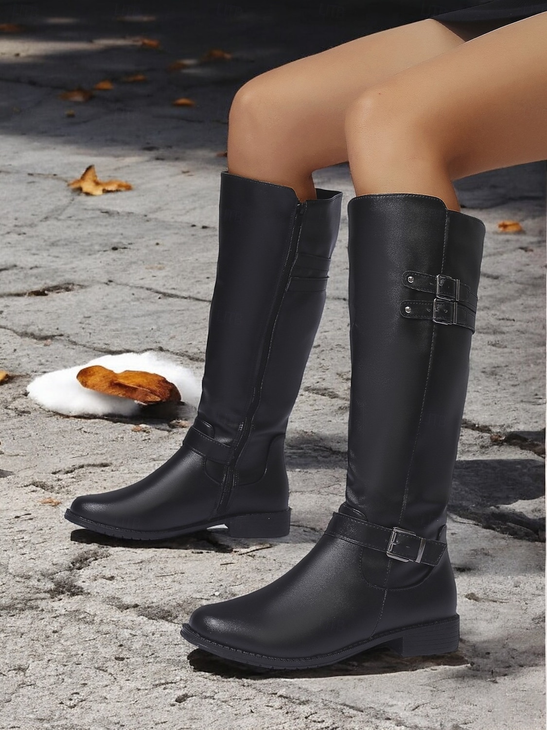 Women's Black Knee-High Riding Boots with Buckle Straps and Low Heel – Classic Equestrian Style Boots for Everyday and Outdoor Wear 2025 - $46.99 –P4