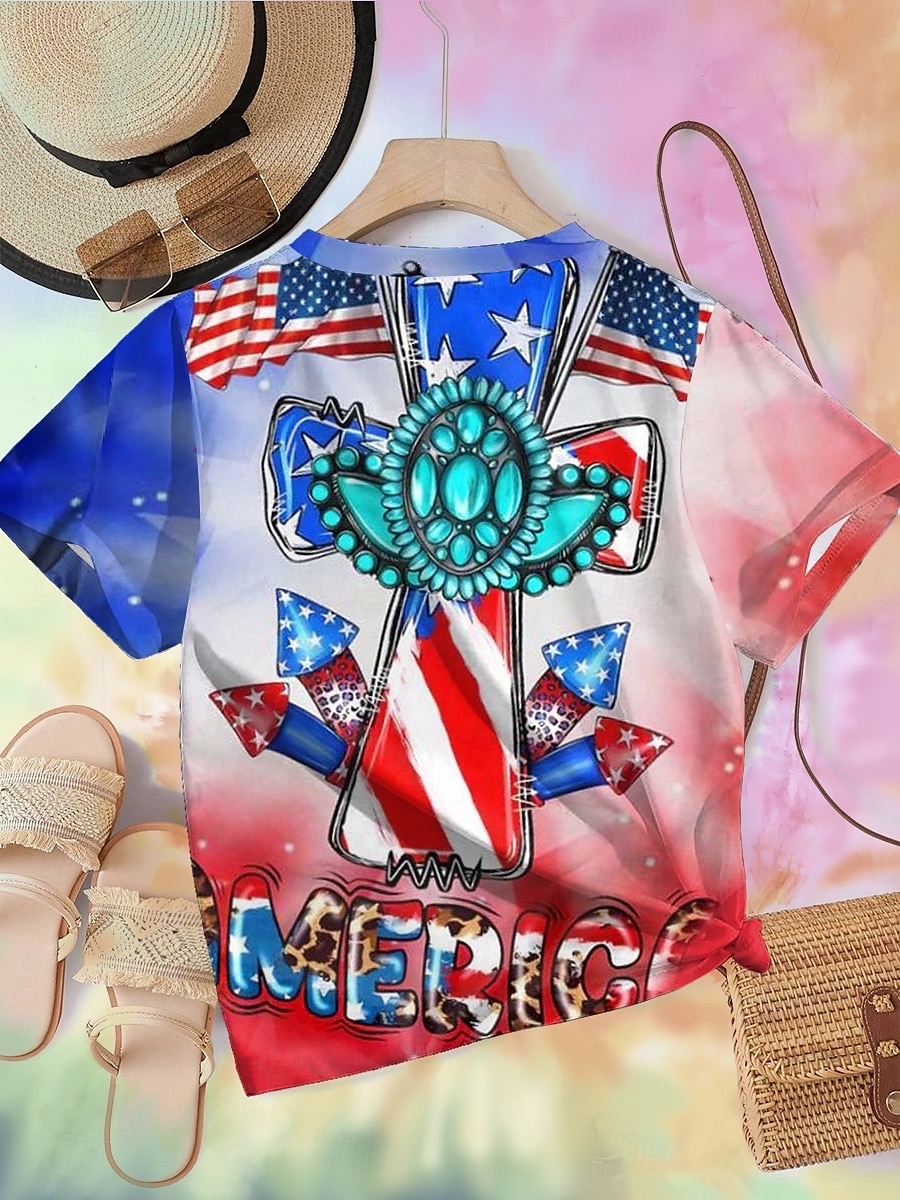 Unabhängigkeitstag Damen Patriotic Fourth of July T-Shirt Täglich Lässig Kurzarm Blau Sommer Frühling 2025 - $19.99 –P2