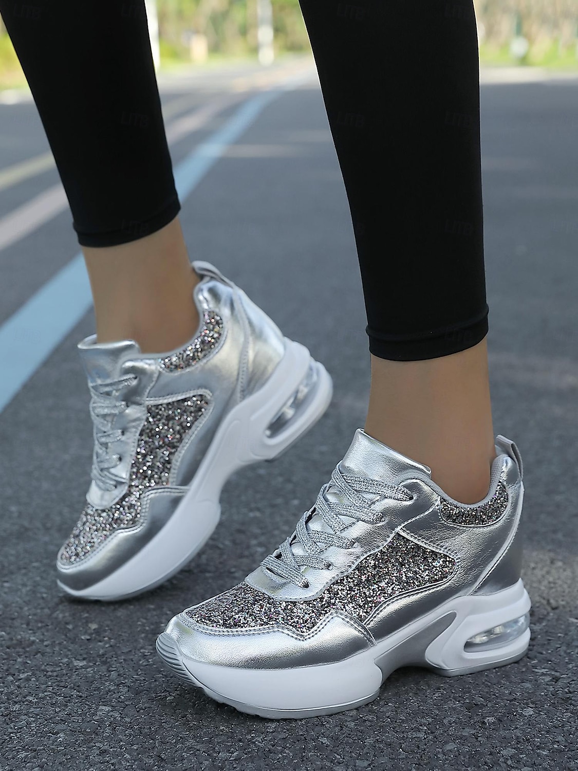 Damskie trampki na platformie z brokatem i podeszwą Air Cushion – błyszczące czarne sznurowane buty sportowe na co dzień i na imprezę 2025 - $42.99 –P3