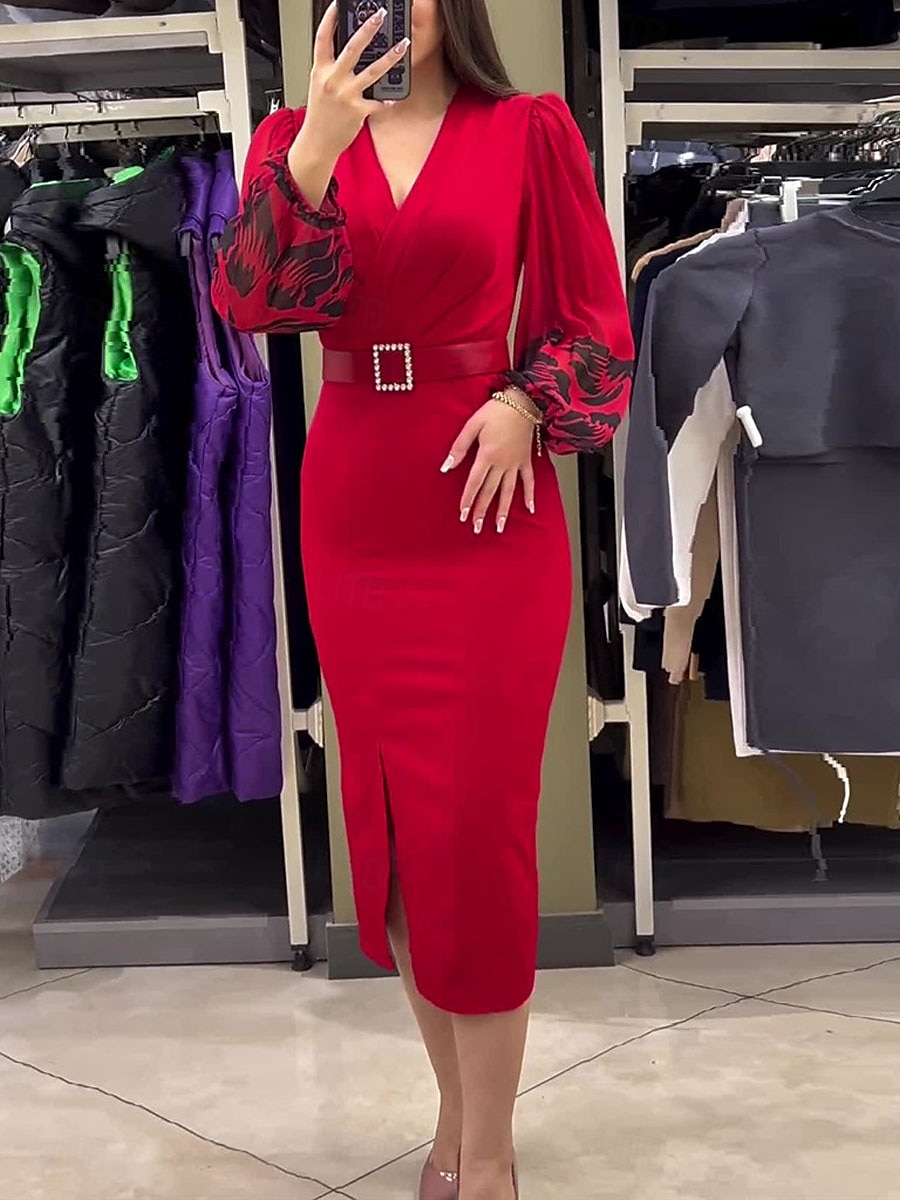 Women's Casual Dress Midi Dress Patchwork With Belt Casual V Neck Long Sleeve Red Color 2025 - $44.99 –P4