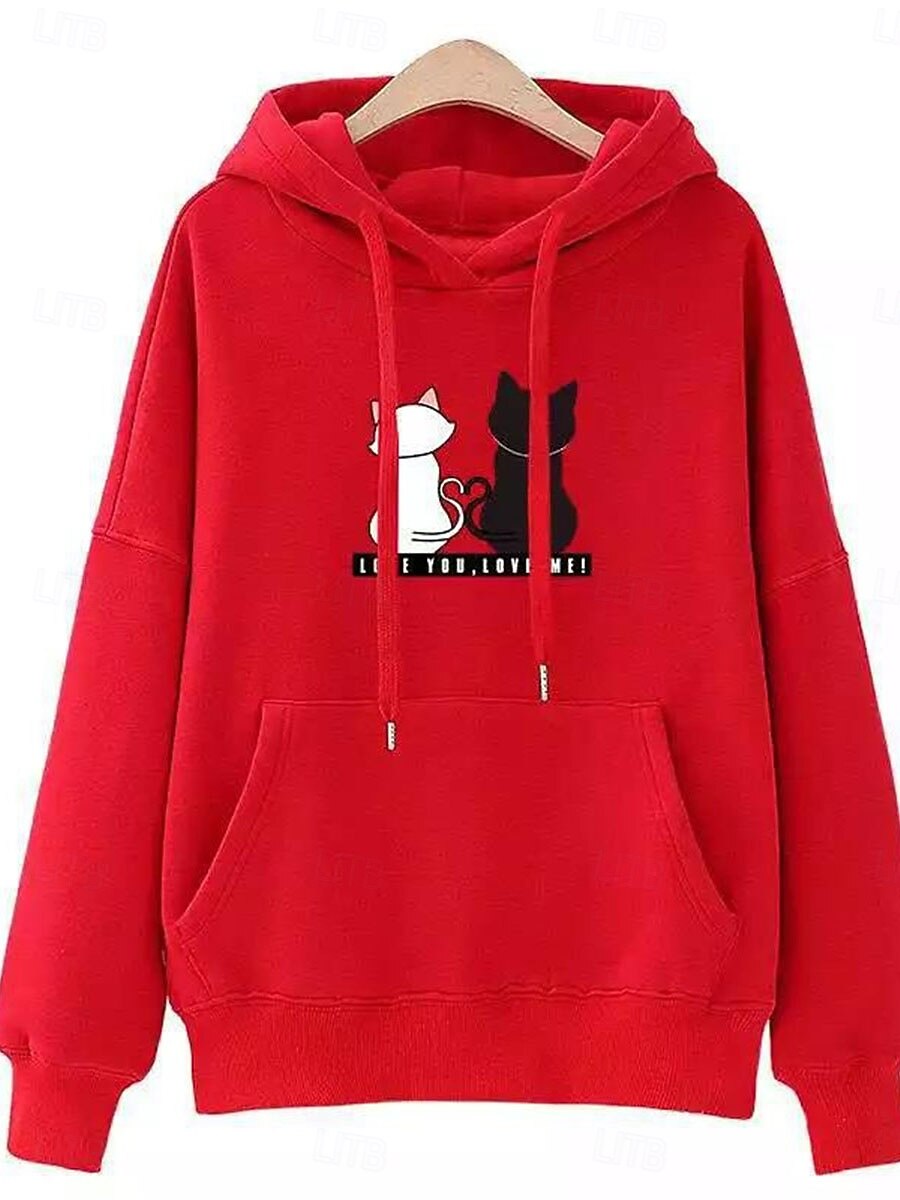 Sudadera con capucha para mujer, informal, con estampado de gato, para uso diario, con bolsillo, manga larga, negra, rosa, roja, para otoño e invierno 2025 - $21.99 -P3