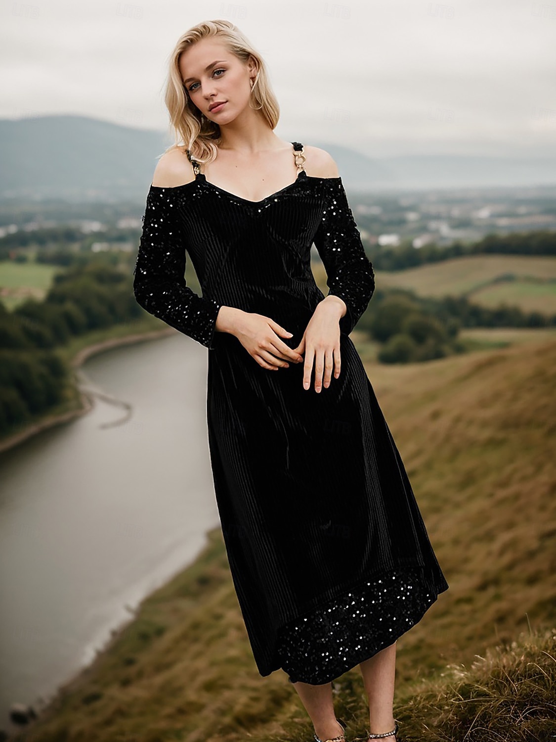 Velvet Cold Shoulder V Neck Midi Dress 2025 - $61.99 –P6