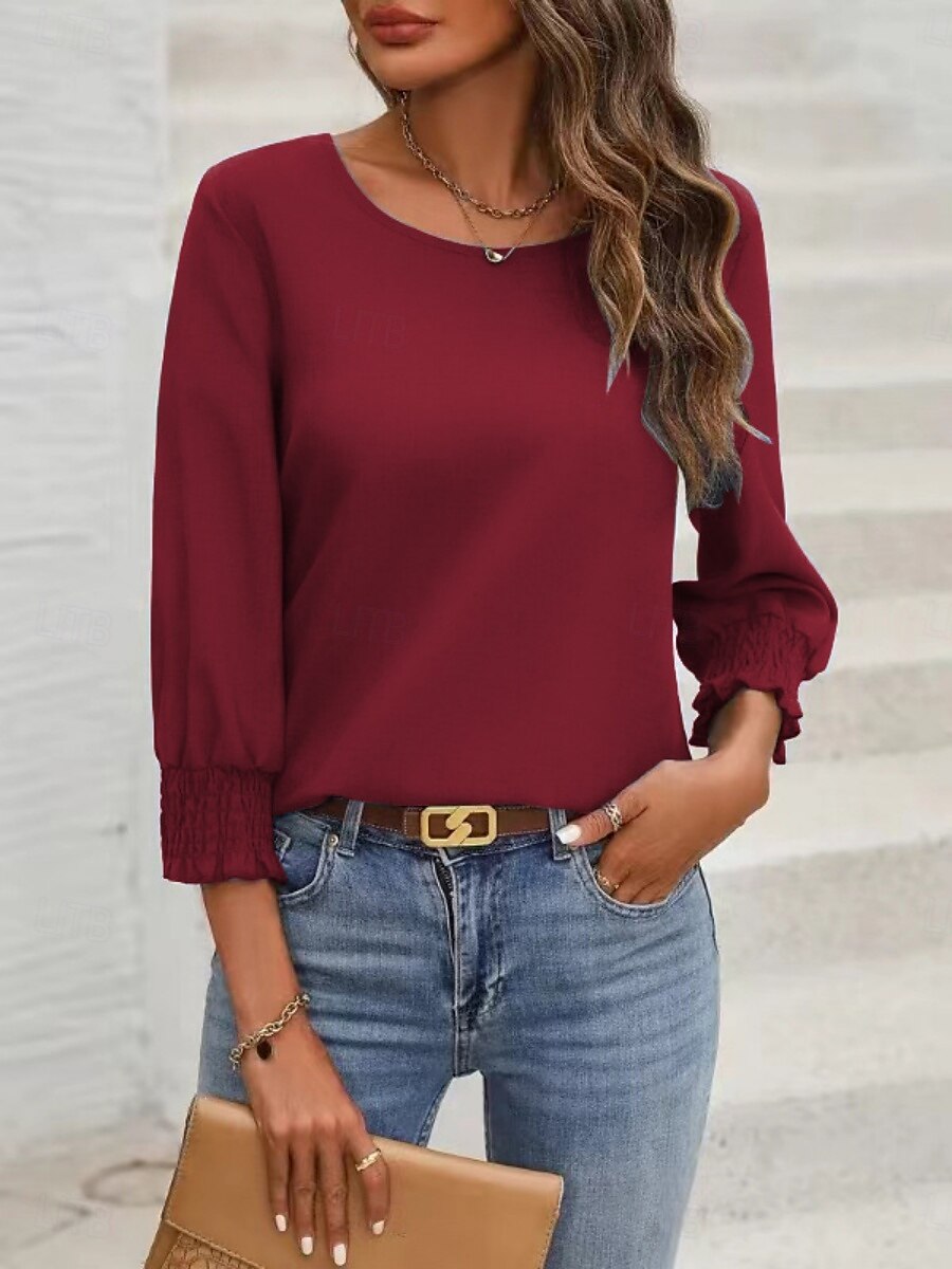 Damen Hemd Bluse Feste Farbe Basic Brautkleider schlicht Langarm Rundhalsausschnitt Normale Oberteile Täglich Patchwork Knopf Wein Blau Grün Herbst Winter 2025 - $26.99 –P4