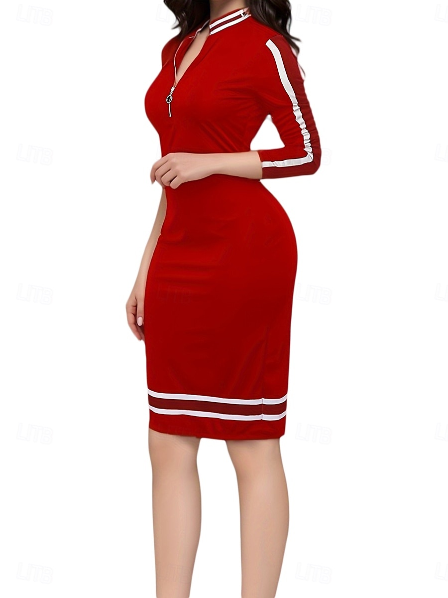 Women's Work Dress Shift Dress Elegant Office Daily Midi Dress Patchwork Stand Collar Long Sleeve Plain Regular Fit Red Navy Blue Spring Fall S M L XL 2XL 2025 - $33.99 –P5