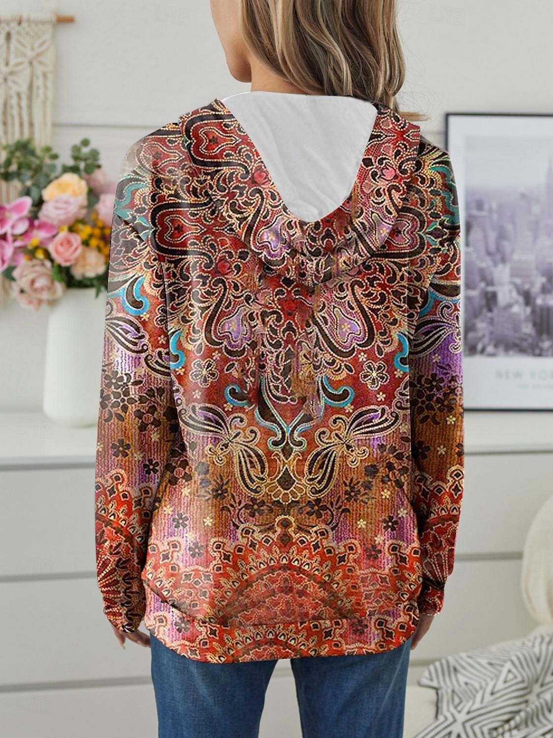 dames pullover casual grafisch straat dagelijks gebruik capuchon print voorzak lange mouw oranje herfst winter 2025 - $31.99 –P2