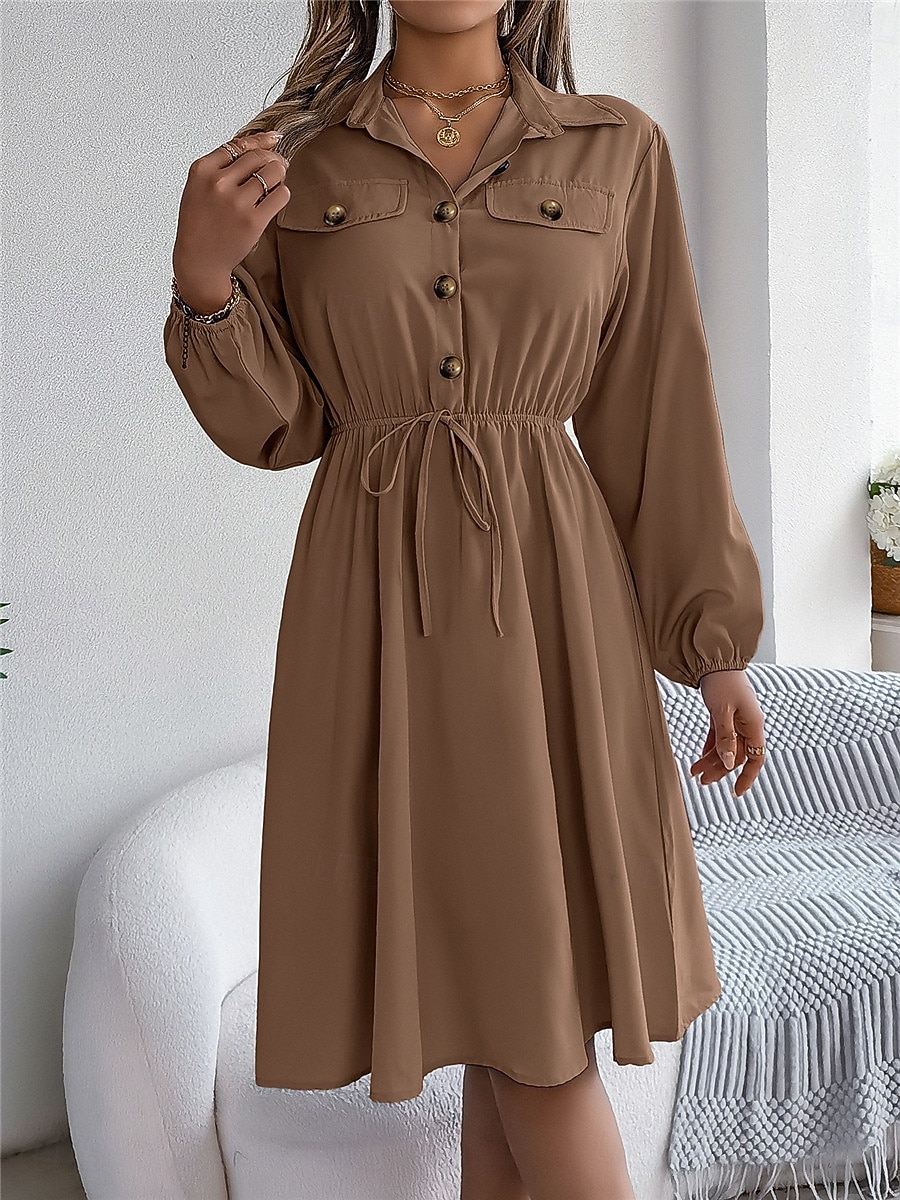 Damen Casual kleid Midikleid Knopf Brautkleider schlicht Hemdkragen Langarm Wein Blau Khaki Farbe 2025 - $31.99 –P15