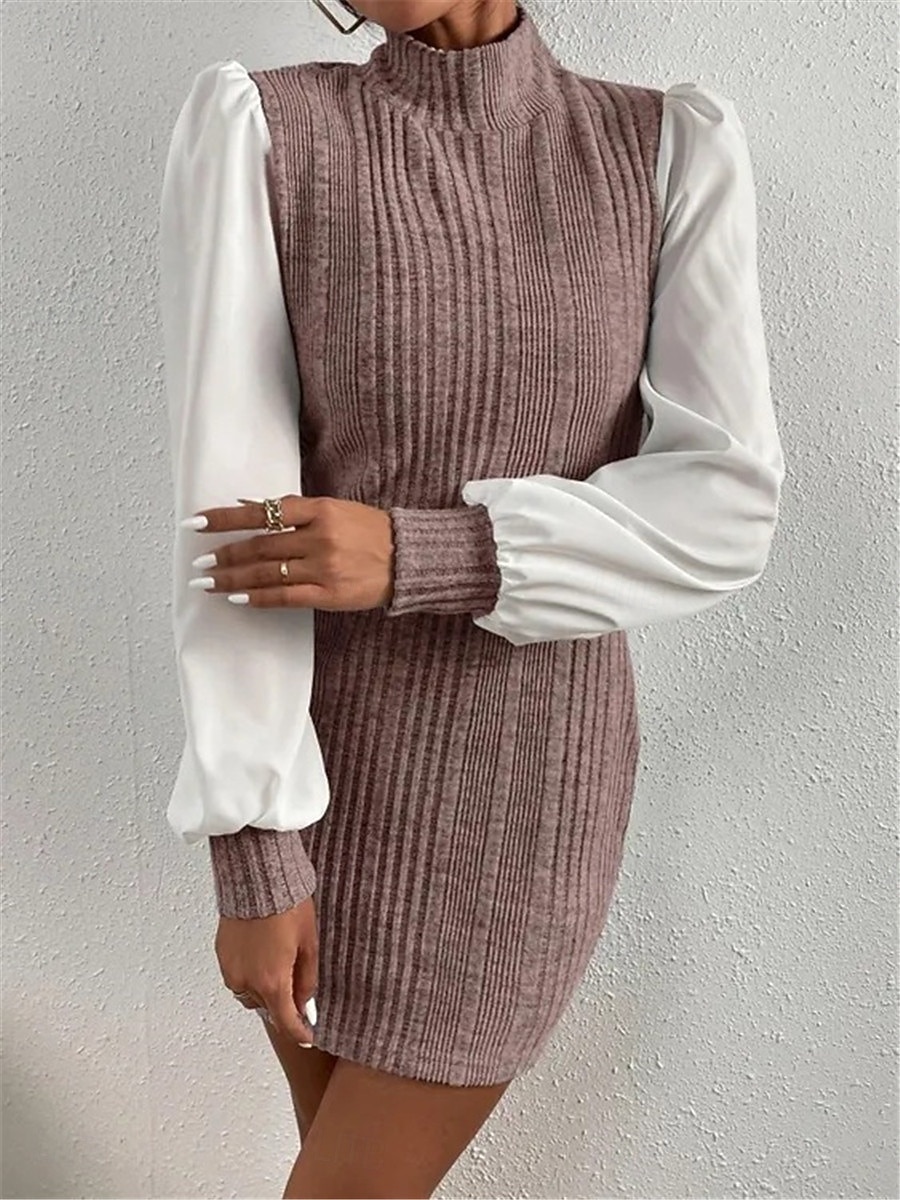 Damen Casual kleid Minikleid Patchwork Brautkleider schlicht Ständer Langarm Braun Beige Farbe 2026 - $33.99 –P7