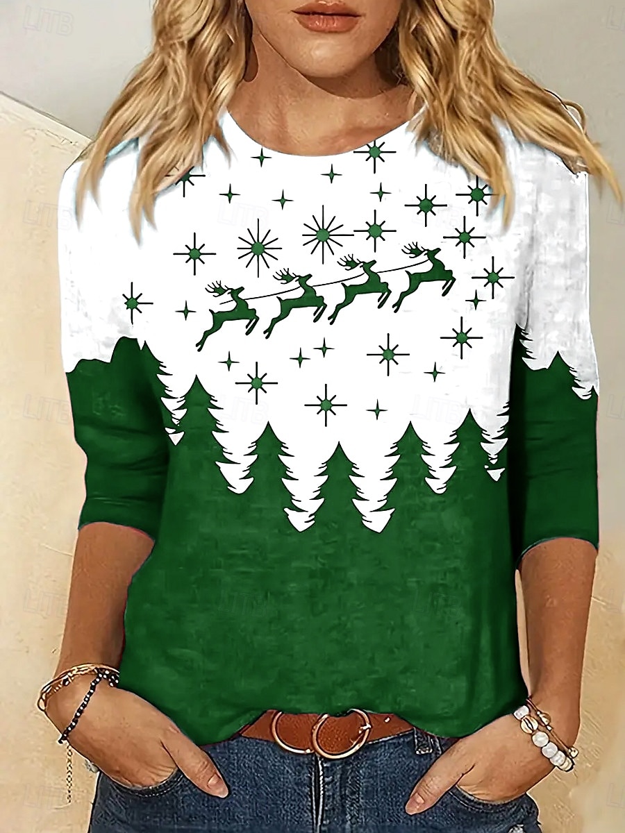 Camiseta de mujer con estampado de renos, pinos y estrellas, manga larga, cuello redondo, rojo, blanco, informal, festivo, ropa de fiesta 2025 - $22.99 –P5
