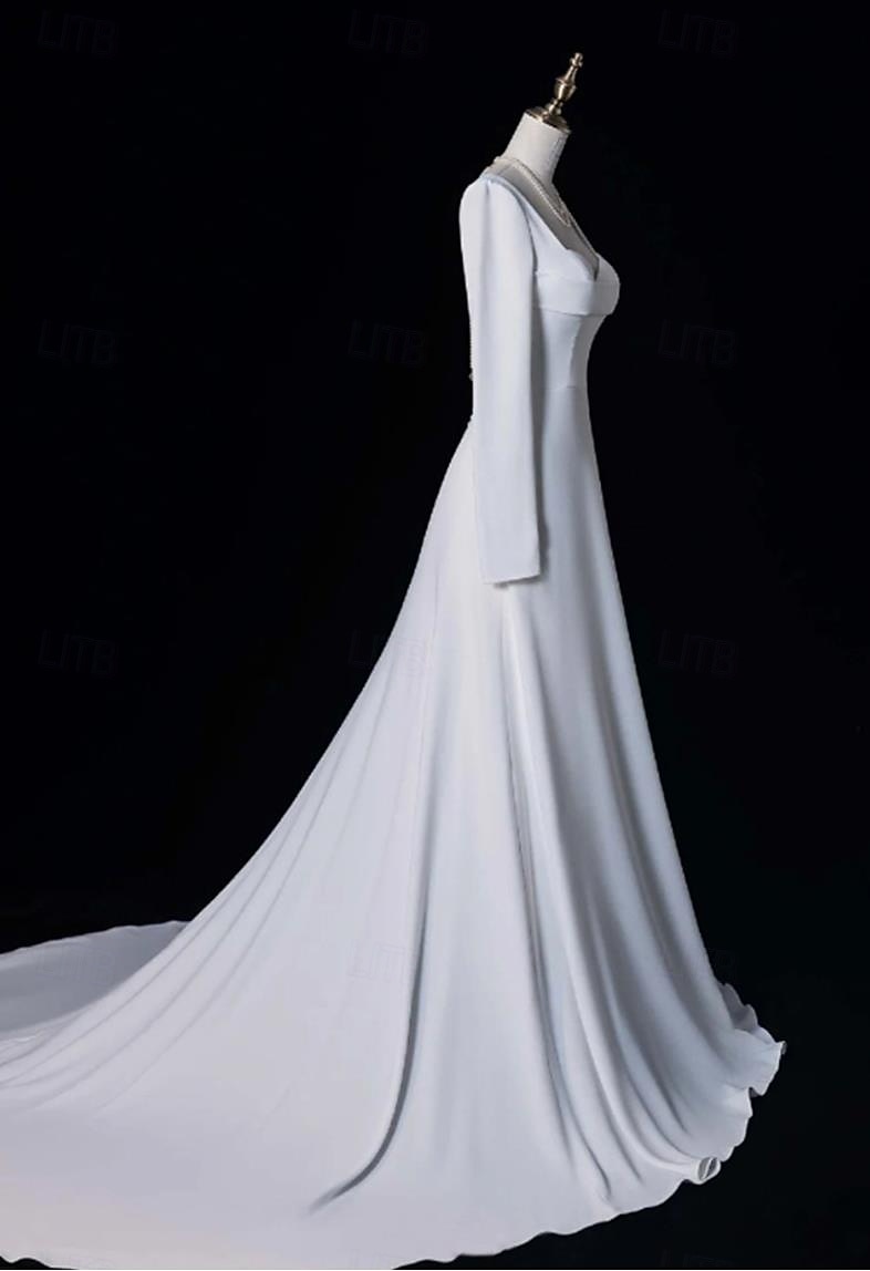 Wedding Dresses A-Line Notch lapel collar Long Sleeve Court Train Satin Bridal Gowns With Solid Color 2025 - $174.99 –P6