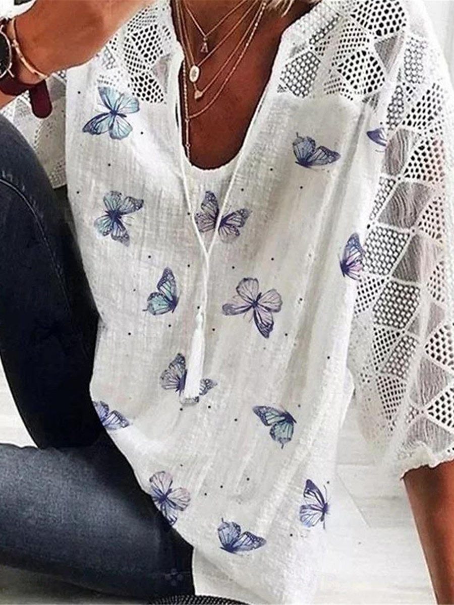 Damen Hemd Bluse Schmetterling Täglich Basic 3/4 Ärmel V Ausschnitt Normale Oberteile Täglich Patchwork Bedruckt Weiß Gelb Blau Sommer Frühling 2025 - $34.99 –P1