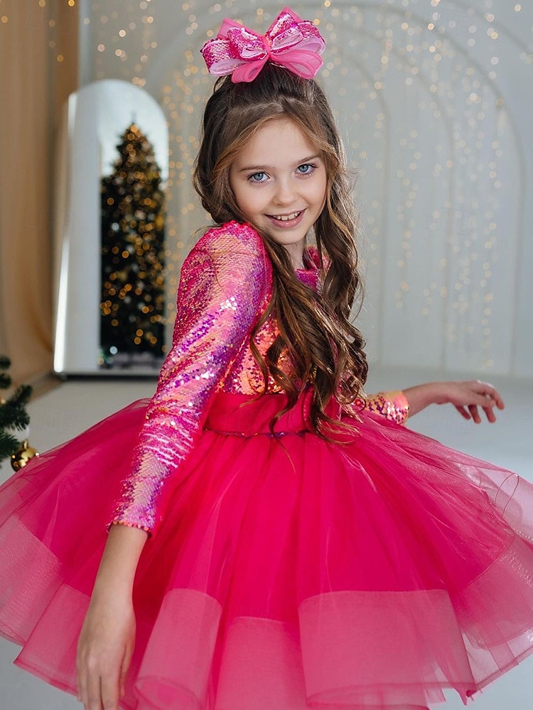 kinderkleidung Mädchen Party Kleid Feste Farbe Langarm Leistung Gitter Prinzessin Süß Gitter Mitte der Wade Etuikleid Tüll-Kleid Sommer Frühling Herbst Kinder Rosenrot 2025 - $80.99 –P4