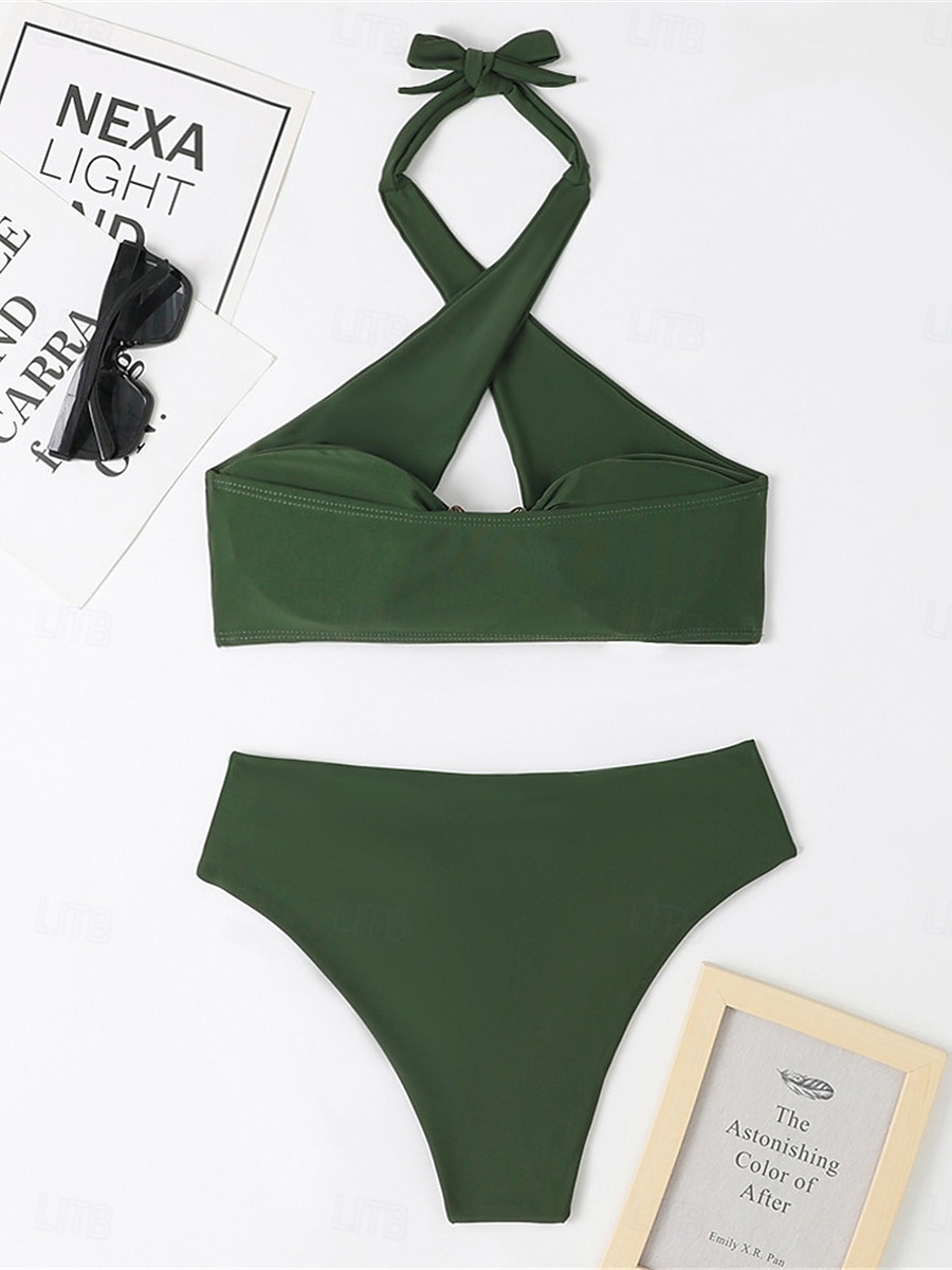 Dames Zwemkleding Bikini 2 stuks Brutaal Zwempak Blote rug Hoge taille Slank Vakantie Strand Kleding Effen Kleur Halternek Mouwloos Badpakken 2025 - $28.99 –P9