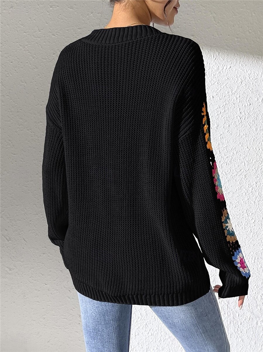 Per donna Felpa Informale Morbido Floreale Uncinetto A V Lavorato a maglia Manica lunga Top regolari Maglia Esterno Giornaliero Fine settimana Nero Bianco Autunno Inverno del 2025 a $31.99 –P17