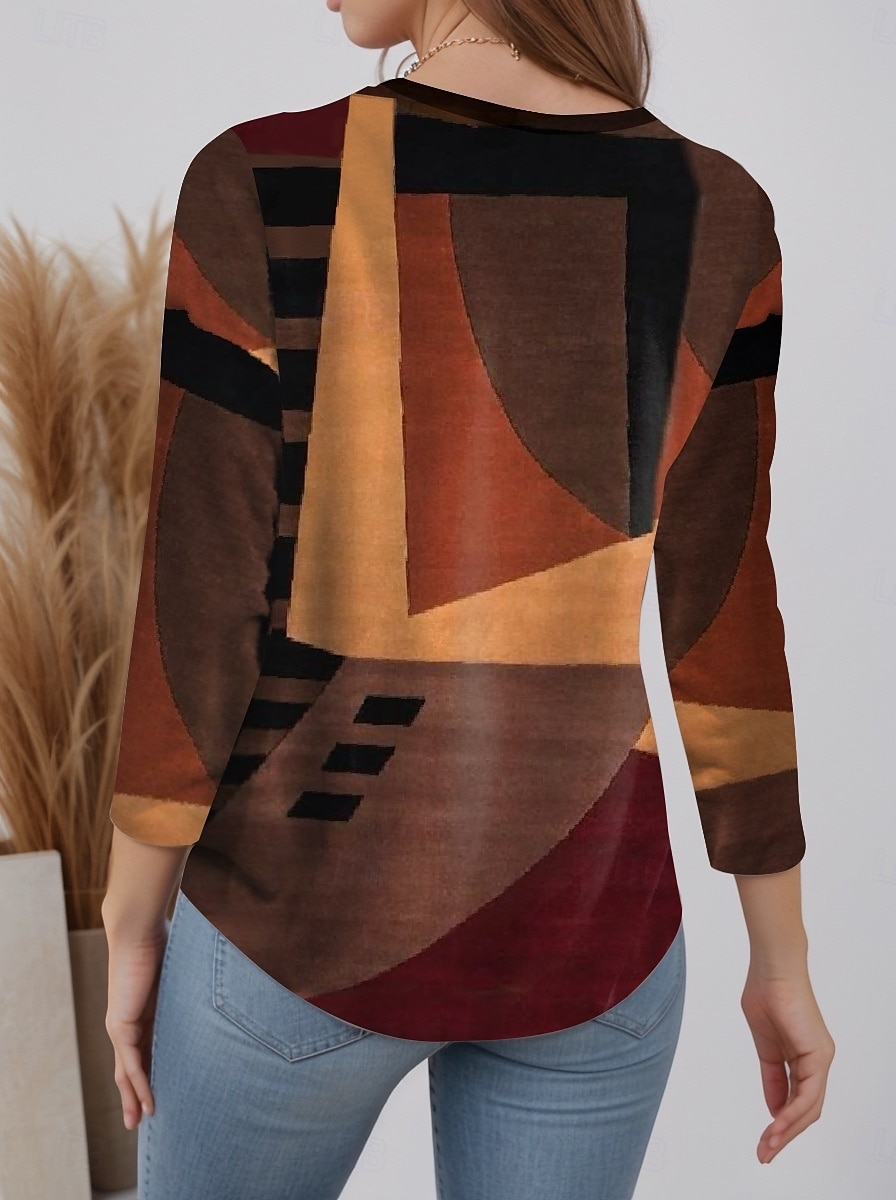 Per donna Maglietta Geometrico Moda Moderno Casual Manica Lunga Girocollo Top Regolari Quotidiano Weekend Stampato Marrone chiaro Autunno Inverno del 2025 a $22.99 –P2