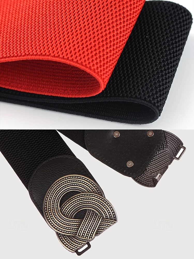 Women's Wide Elastic Waist Belt with Vintage Metal Buckle – Fashion Stretch Belt for Dresses, Tunics, and Blouses – Available in Black, Red, and Brown 2025 - $11.99 –P6