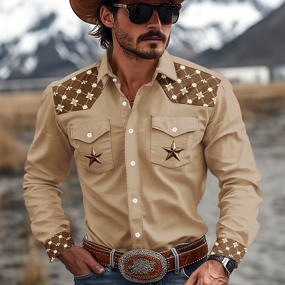 Voor heren pentagram Westers overhemd Cowboyshirt Lange mouw Westers Urheilu Lente Herfst Strijkijzer Lapwerk Donker Bruin Bruin 2026 - $33.99 –P1