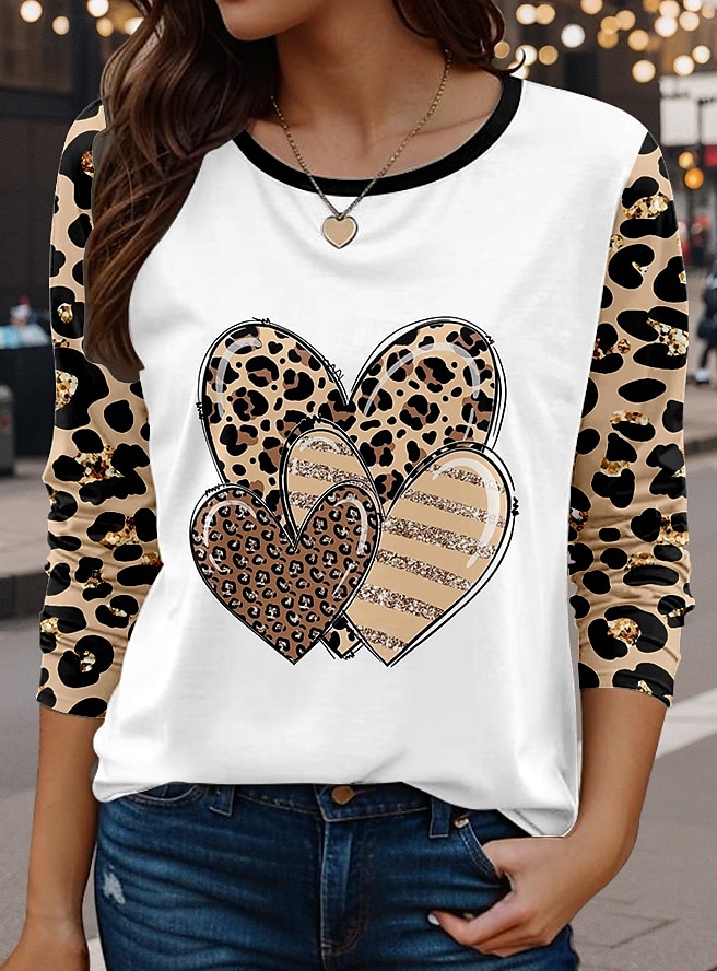 Valentine Women's Heart T Shirt Casual Leopard Tee Regular Tops Long Sleeve Crew Neck Print Regular Fit Daily White Spring Fall 2025 - $22.99 –P1