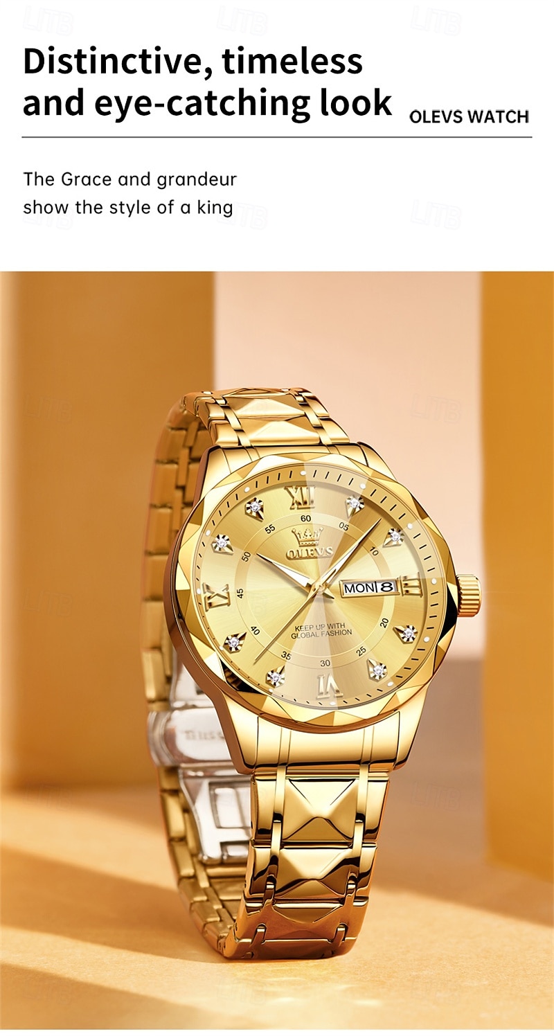 New Olevs Brand Men'S Luminous Commercial Business Steel Belt Watch Calendar Week Display Fashion Trend Waterproof Simple Leisure Quartz Watch Diamond-Shaped Mirror Sports Watch 2026 - $38.99 –P5