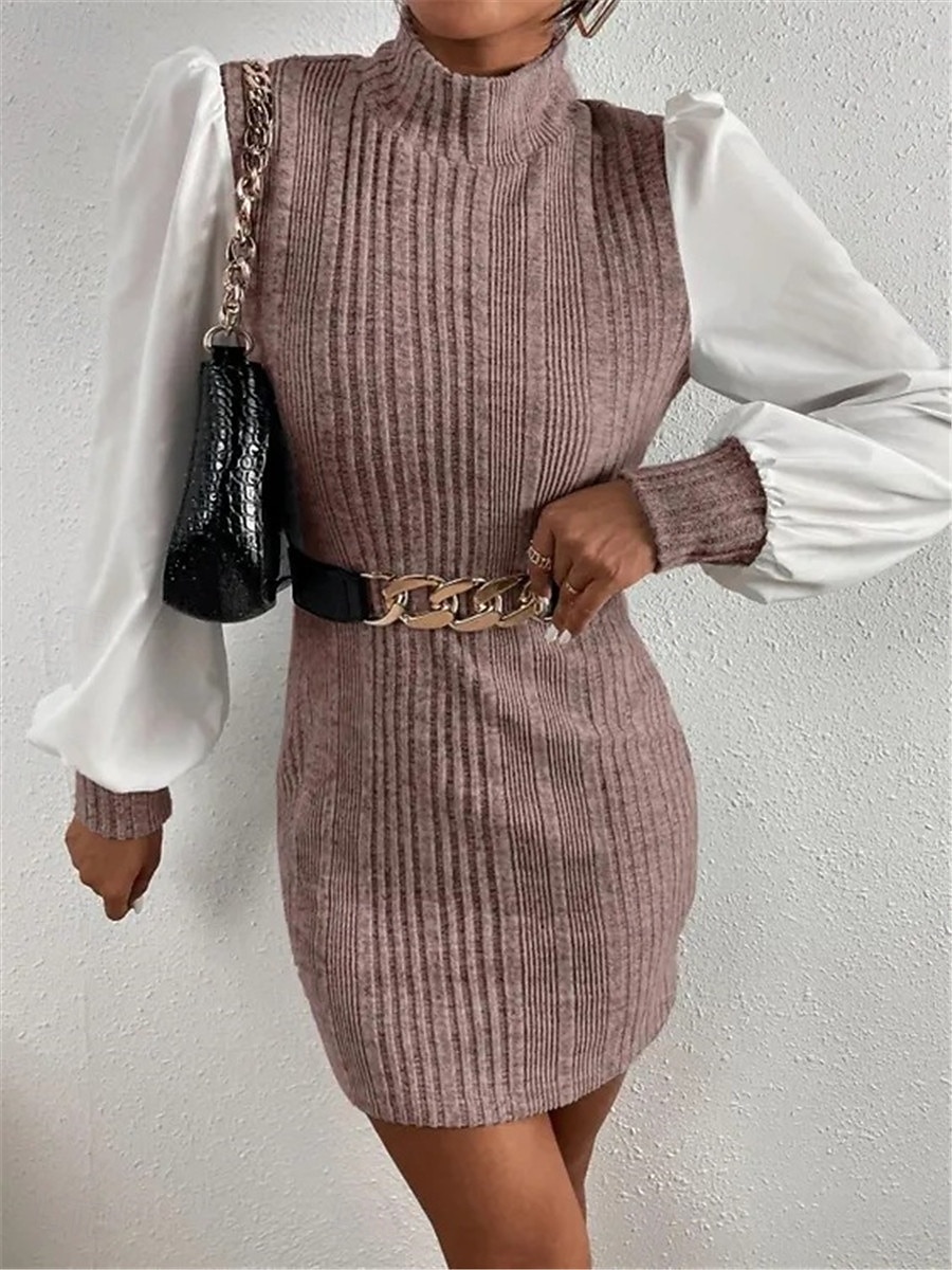 Damen Casual kleid Minikleid Patchwork Brautkleider schlicht Ständer Langarm Braun Beige Farbe 2026 - $33.99 –P6