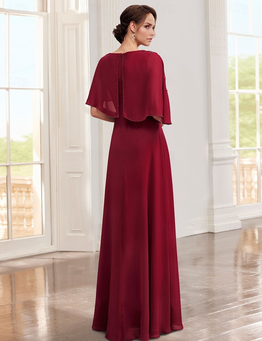 A-Line Dress Mother of the Bride Dress Elegant Jewel Neck Floor Length Chiffon Lace Half Sleeve with Appliques Solid Color 2025 - $157.99 –P2