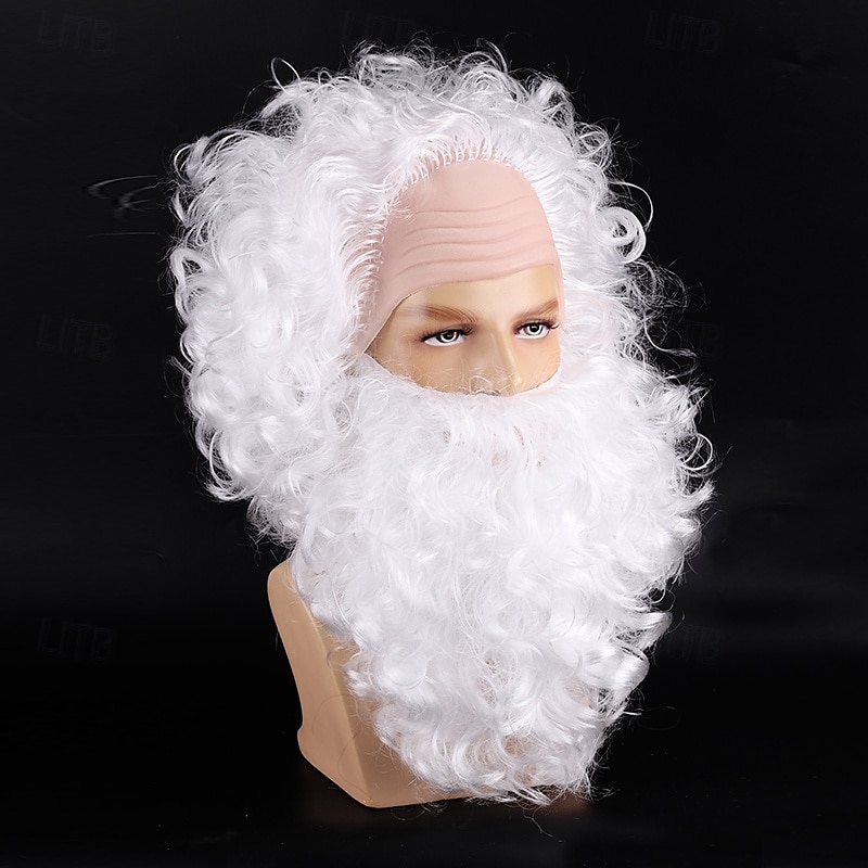 Weihnachtsmann-Bart- und Perückenset, weißer Bart und Perücke, lockige Weihnachtskostüm-Perücke für Männer 2025 - $16.99 –P4