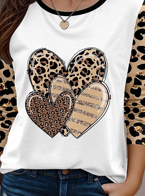 Valentine Women's Heart T Shirt Casual Leopard Tee Regular Tops Long Sleeve Crew Neck Print Regular Fit Daily White Spring Fall 2025 - $22.99 –P3