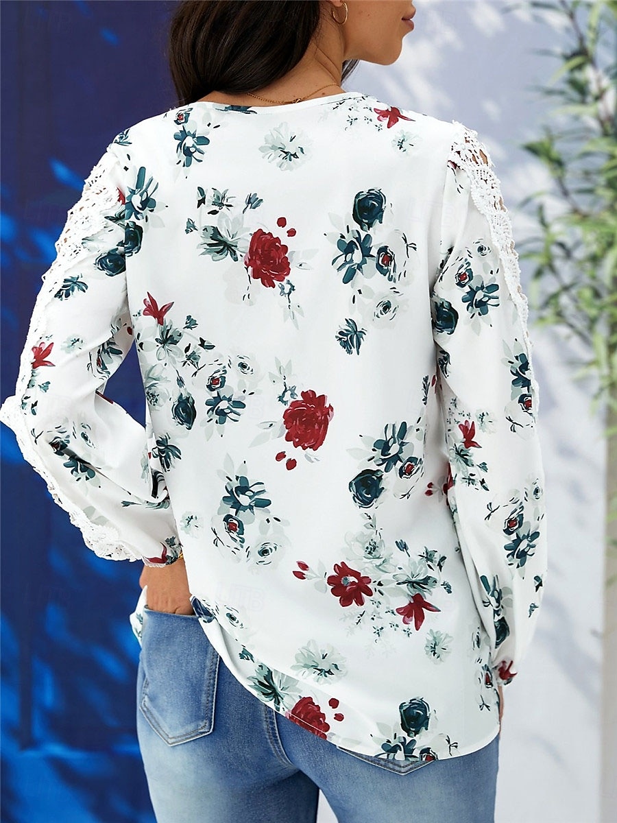 Dame T skjorte Blomstret Mote Moderne Fritid Langermet V-hals Vanlige topper Daglig Helg Blonde Lapper Trykt mønster Hvit Sommer Vår Høst 2025 - $36.99 –P5