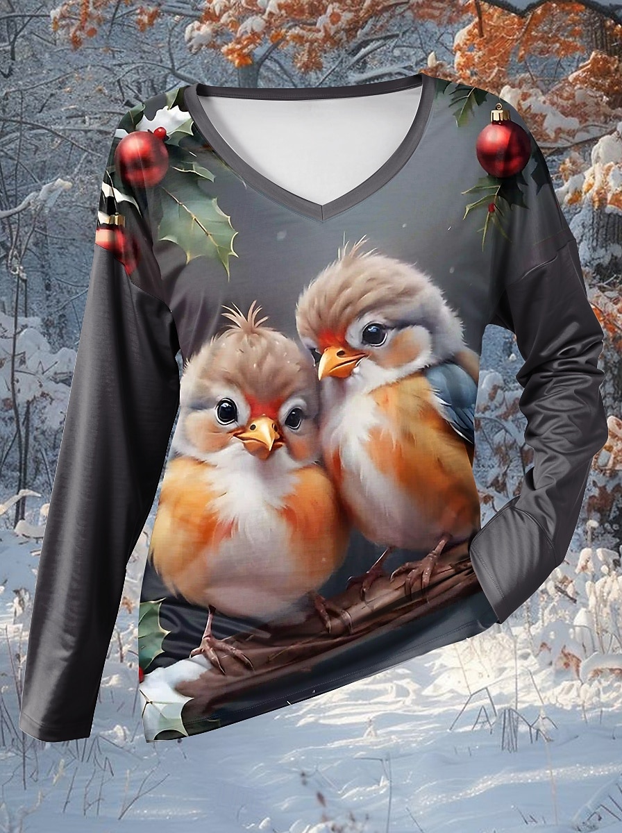 Dam T-shirt Djur Fågel Ledigt Långärmad V-hals Vanliga toppar Dagligen Mönster Mörkgrå Vår & Höst 2025 - $27.99 –P1
