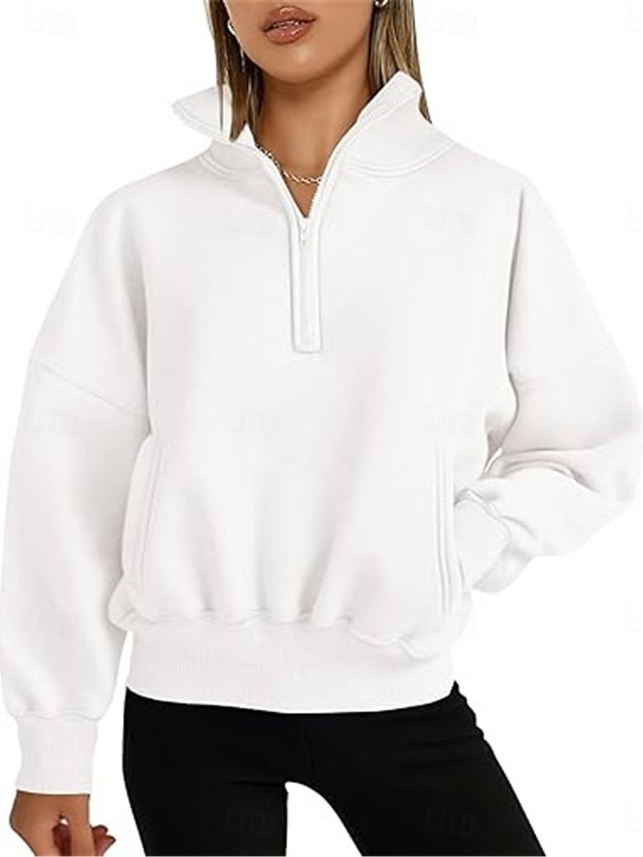 dames sweatshirt casual effen straat dagelijks gebruik coltrui zak halve rits lange mouw wit roze oranje herfst winter 2025 - $36.99 –P2
