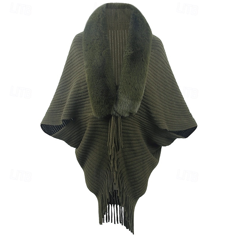 scialle largo, scialle largo spesso da donna lavorato a maglia, scialle invernale con collo in pelliccia e frange del 2025 a $37.99 –P7