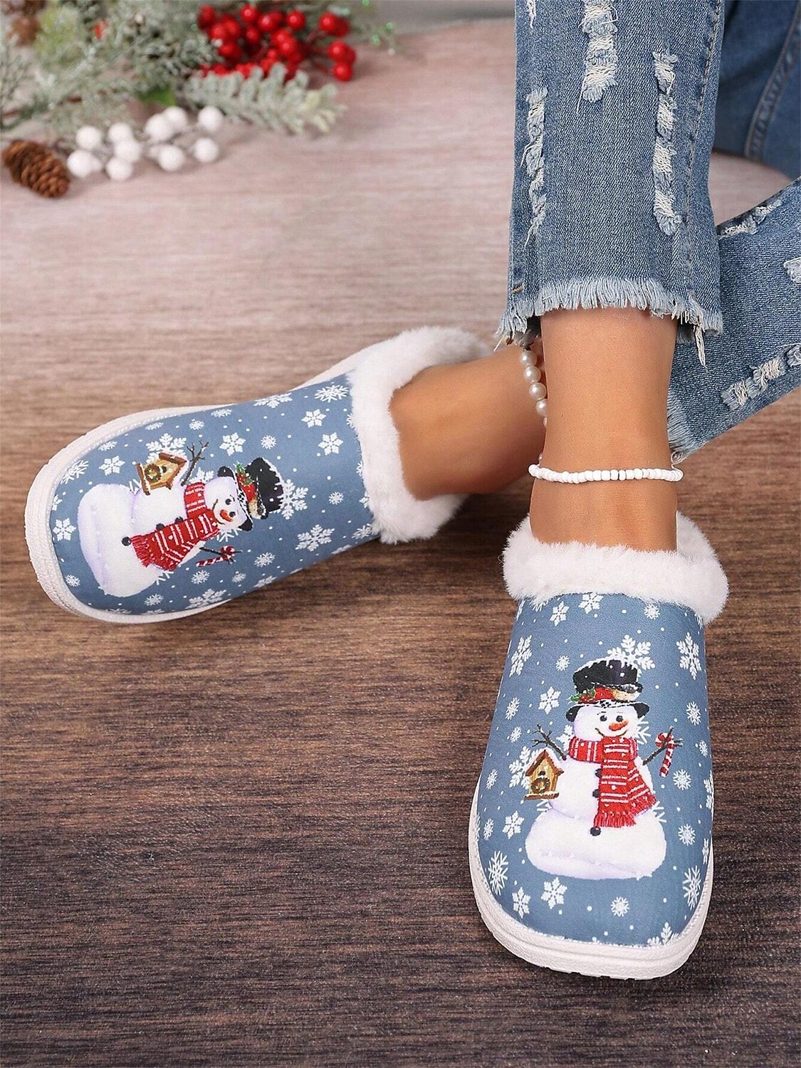 Weihnachts-Schneemann-Hausschuhe für Damen mit Kunstfellfutter – gemütliche und festliche Winterschuhe für den Innenbereich 2025 - $24.99 –P5