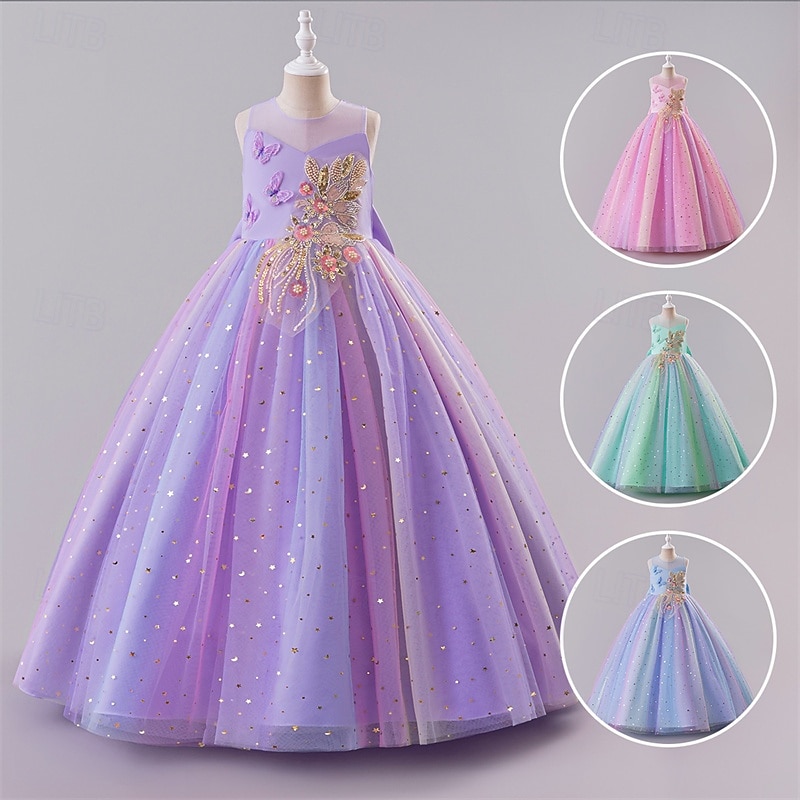 Blomsterpikekjole Barn Jente Prinsesse kjole Ytelse Bryllup Fest Elegant Vakker Netting Regnbue Ermeløs Crew-hals Rosa Blå 4 år + 2025 - $43.99 –P1