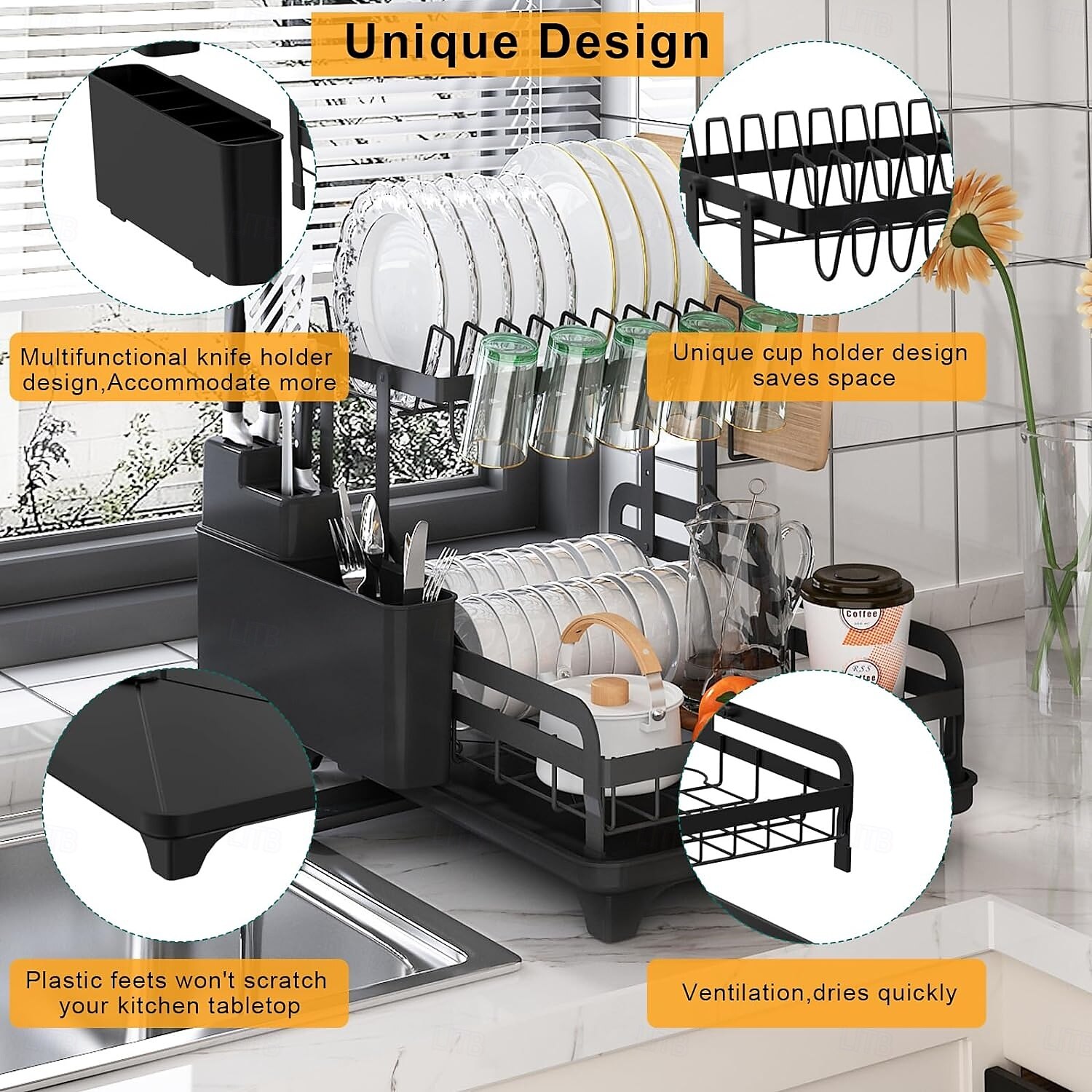 Tableware drying rack 2-layer utensil drain rack with detachable utensil rack and swivel joint durable high carbon steel material larger capacity easy to install black 2025 - $61.99 –P4