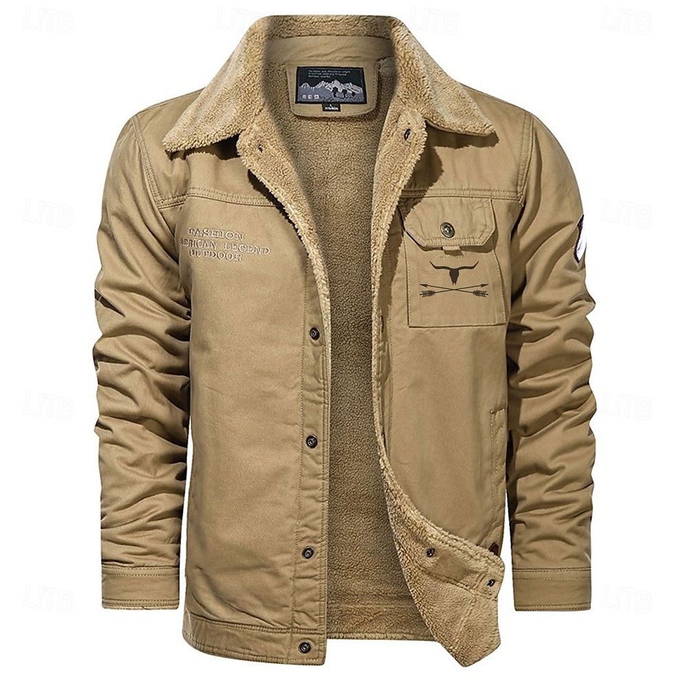 Men's Cow Print Embroidered Fleece Jacket Sherpa Trucker Jacket Work Cargo Jacket Turn-Down Collar Warm Winter Cotton Jacket Vintage Casual Going Out Coat Multi-Pockets 2025 - $52.99 –P3