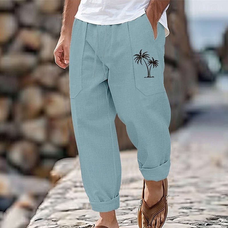Herren Leinenhose Hose Hosen Sommerhosen Kordelzug Elastische Taille Gerade geschnitten Kokosnussbaum Komfort Atmungsaktiv In voller Länge Outdoor Casual Täglich Modisch Retro Vintage Schwarz Weiß 2025 - €22.67 –P9