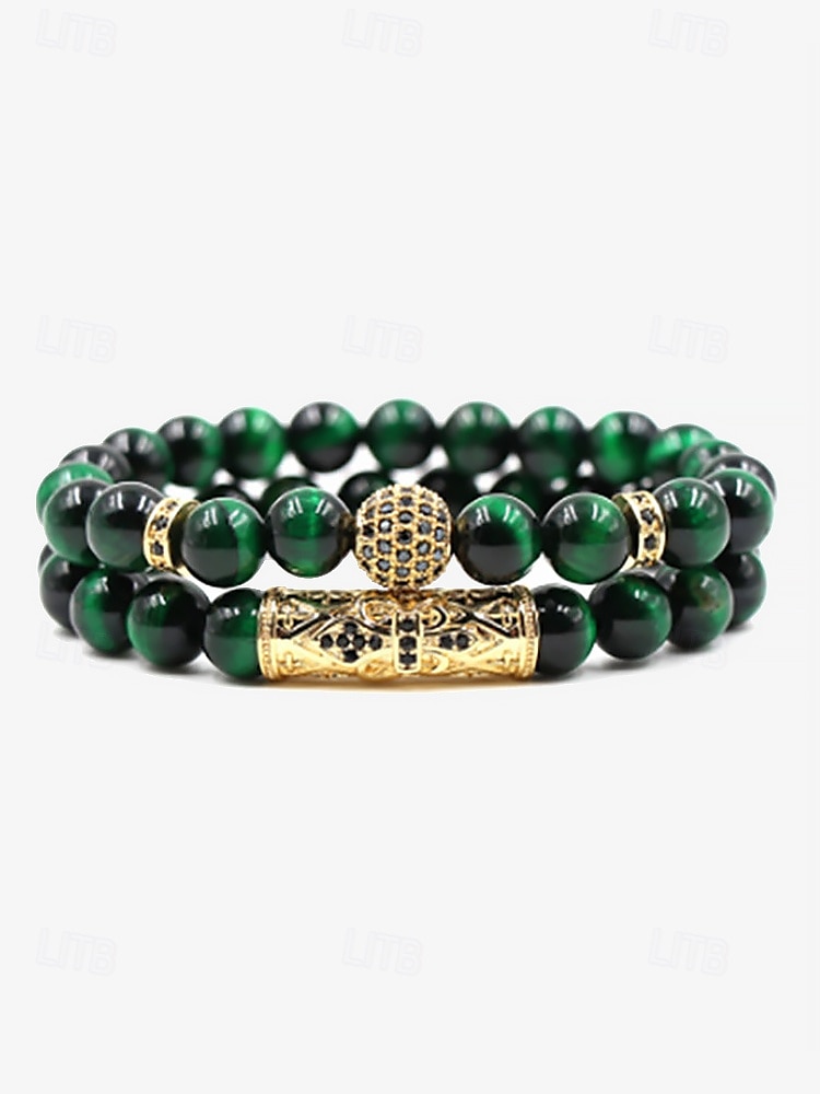 armbandsset för män – röda tigerögonstenar med guldpläterade accenter och svarta kristallinlägg för en elegant look 2025 - $11.99 –P8