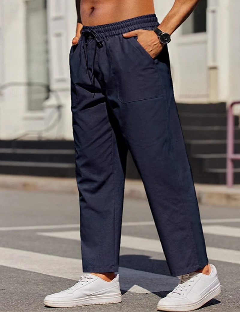 Hombre Pantalones de lino Pantalones Pantalones de verano Correa Cintura elástica Pierna recta Plano Comodidad Transpirable Longitud total Exterior Casual Diario Moda Negocios Negro Blanco 2026 - $25.99 –P5