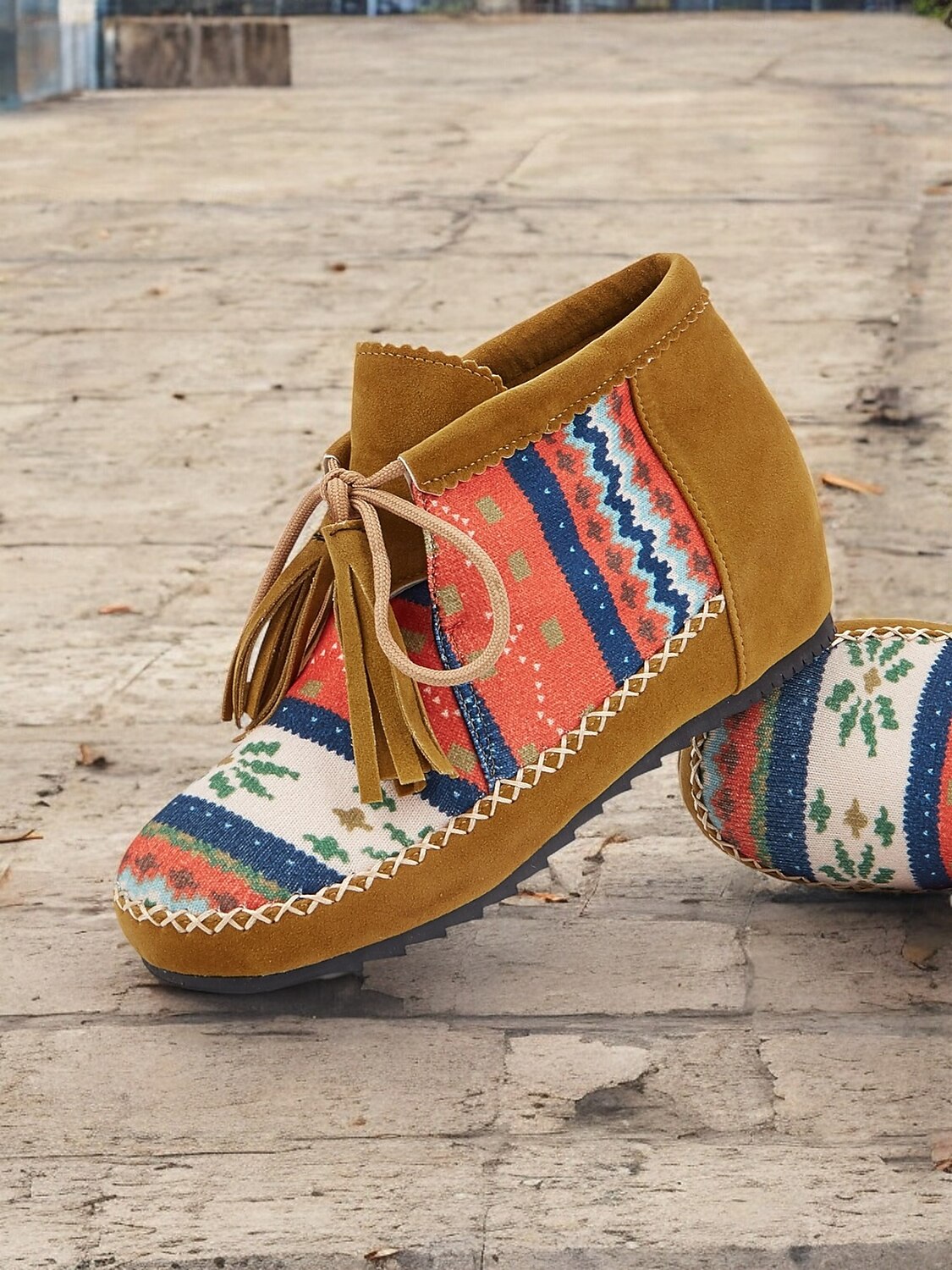 Women's Boho Ankle Boots with Ethnic Print Panels, Tassel Lace-Up Design, and Comfortable Low Sole – Perfect for Casual and Festival Wear 2025 - $46.99 –P1