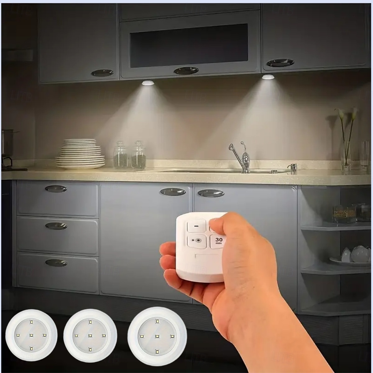 Kit de 3 luces LED táctiles, luz LED inalámbrica para gabinete &Luz blanca cálida regulable para dormitorios, cocinas y pasillos. 2025 - $13.49 –P4